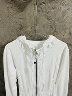 White hooded jacket front view, drawstring hood and zip closure