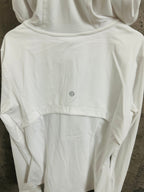 White jacket back view with hood and small embroidered logo on upper back