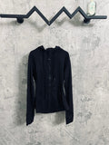 Dark hooded zip jacket with drawstring at hood