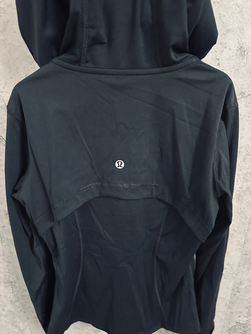 Dark hooded jacket back with small logo at upper center