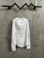 White hooded zip-up jacket with front zipper and long sleeves