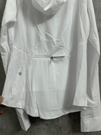 White hooded jacket front with kangaroo pocket and drawstring waist
