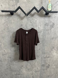 Brown ribbed henley T-shirt with short sleeves and buttoned front placket