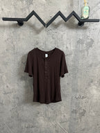 Brown ribbed henley T-shirt with short sleeves and buttoned front placket