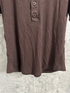 Brown henley T-shirt front with three dark buttons and short sleeves