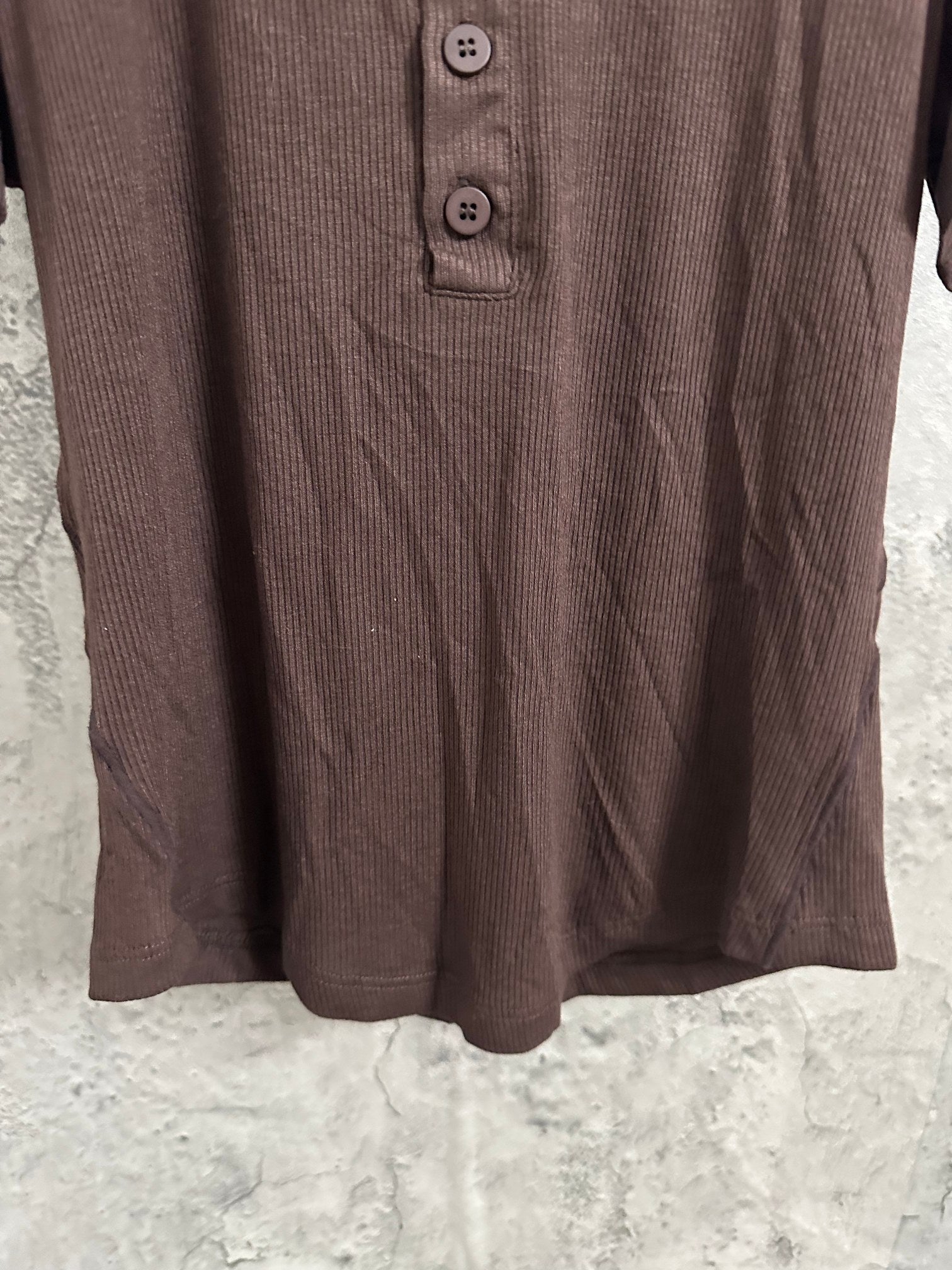 Brown henley T-shirt front with three dark buttons and short sleeves