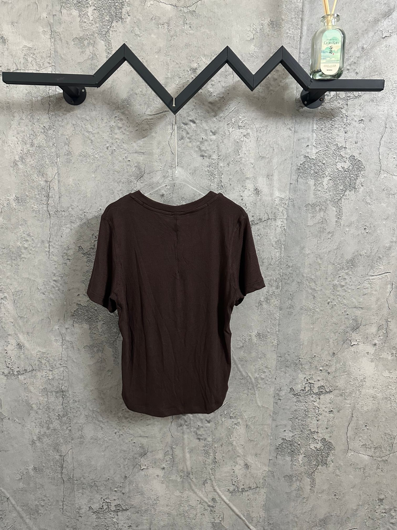 Brown ribbed henley T-shirt back view with short sleeves