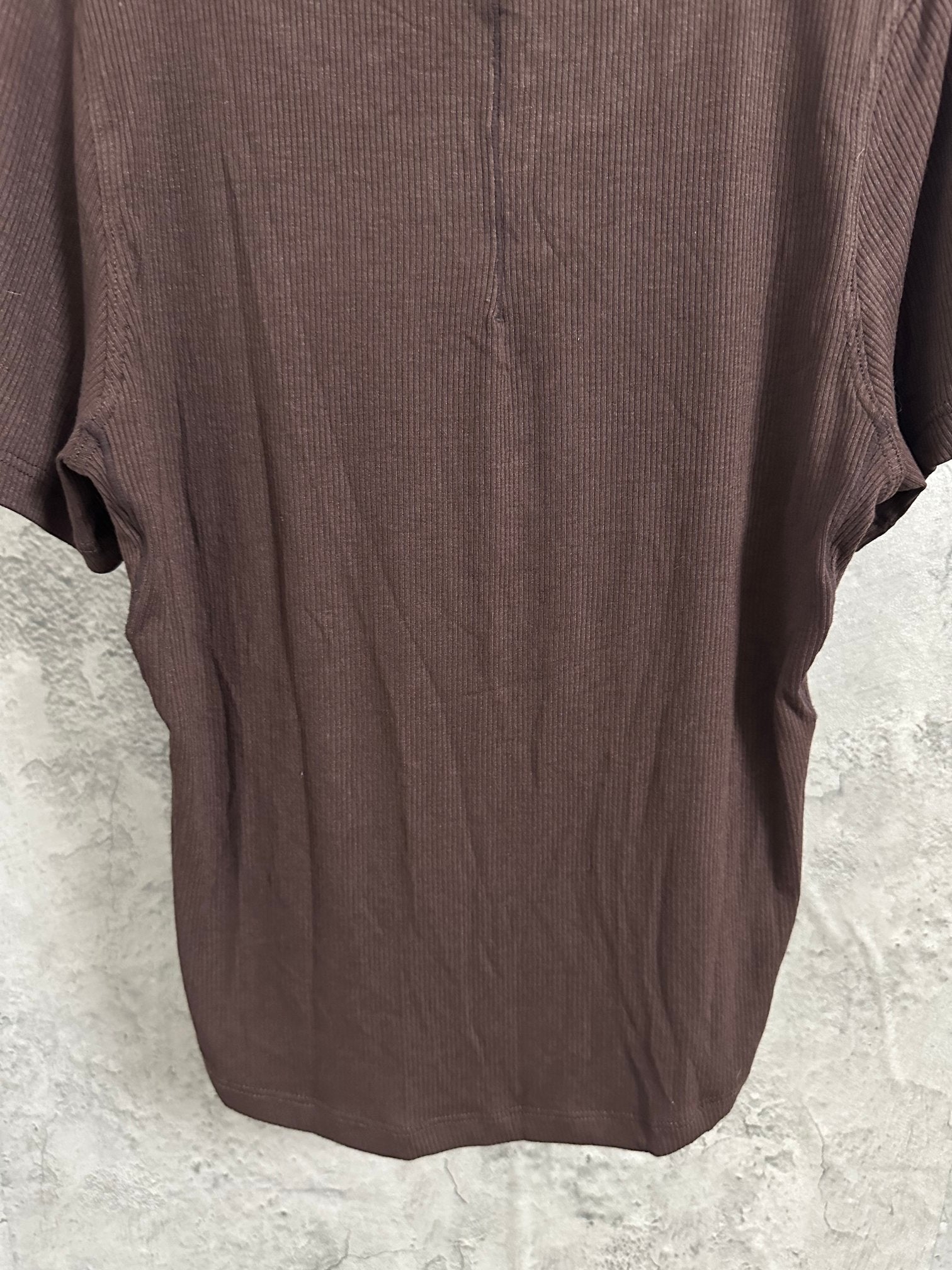 Brown ribbed henley T-shirt back panel with short sleeves