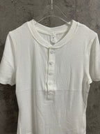 White short-sleeve henley shirt with buttoned crew neckline