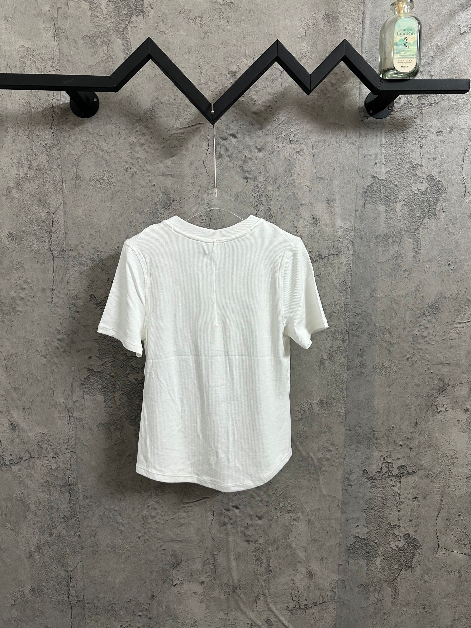 White henley T-shirt, short sleeves, three-button placket