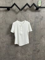 White henley T-shirt with short sleeves and button placket