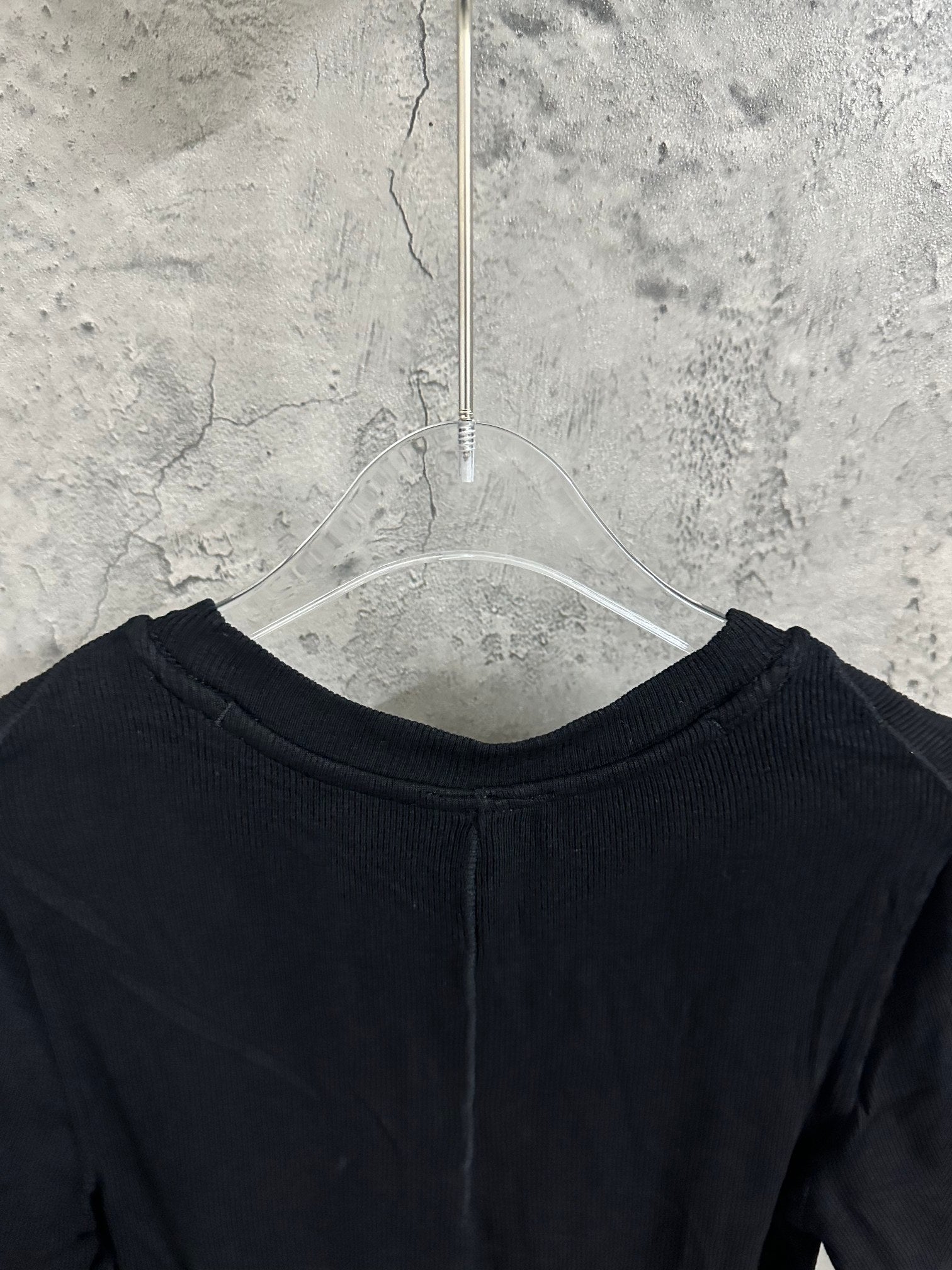 Dark short-sleeve henley shirt back with ribbed crew neckline