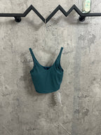Teal camisole tank top with wide straps and scoop neckline