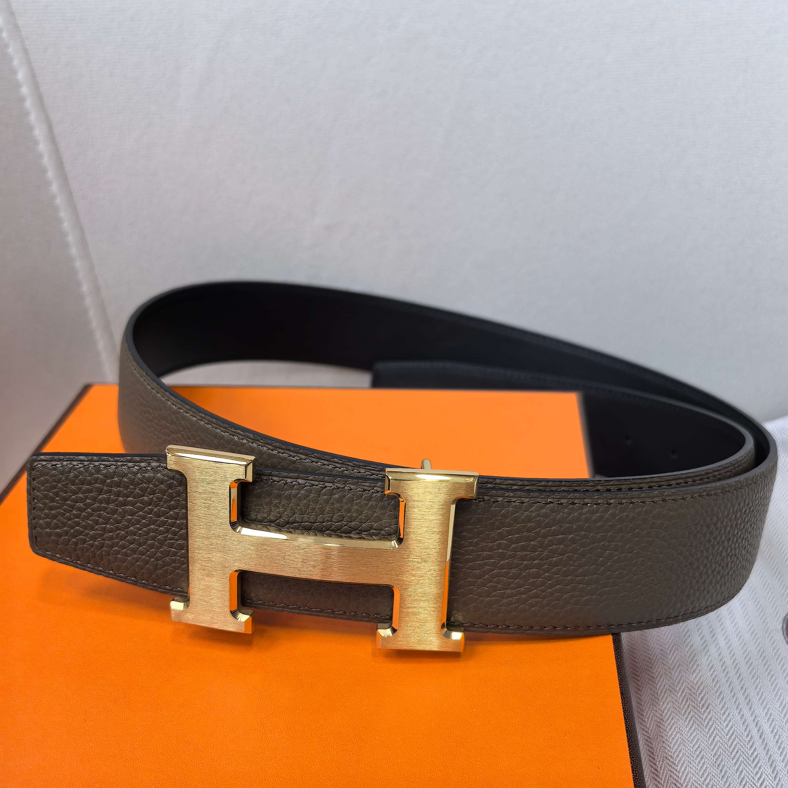 Hermes belt dark brown leather with gold H buckle, full width