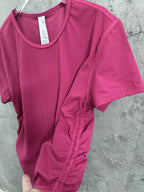 Pink ribbed T-shirt front with gathered side fabric