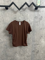 Brown short-sleeve ribbed crewneck T-shirt on clear hanger