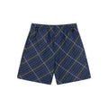 Navy plaid shorts with drawstring waist, side pockets, and relaxed fit