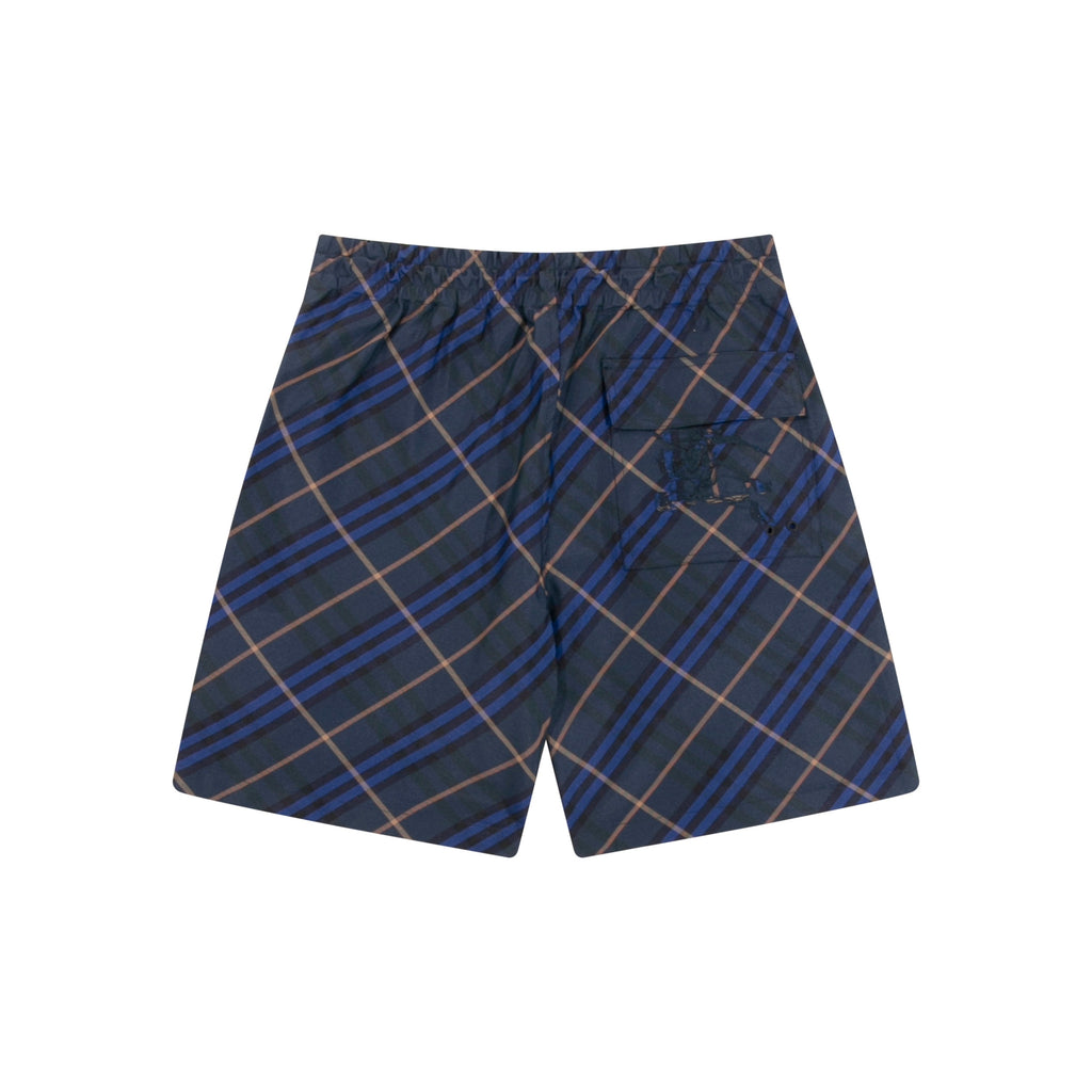 Navy plaid shorts with drawstring waist and straight hem