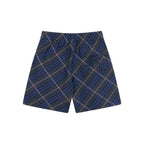 Navy plaid shorts with drawstring waist and straight hem