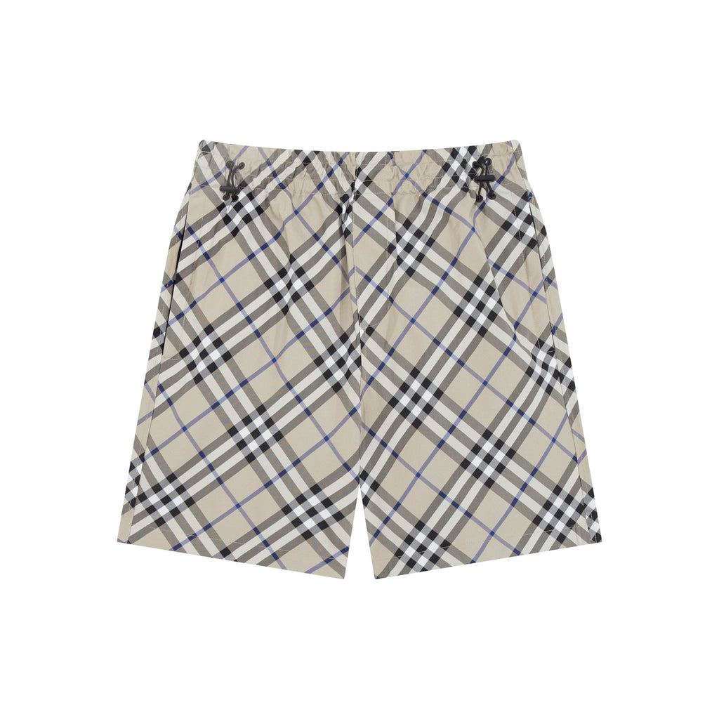 Burberry check plaid shorts, beige with black and blue; elastic waist and drawstring