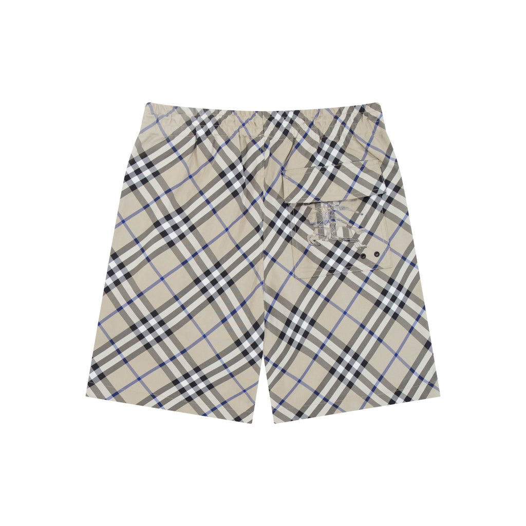 Burberry check plaid shorts, beige with black and blue; side pockets and button details