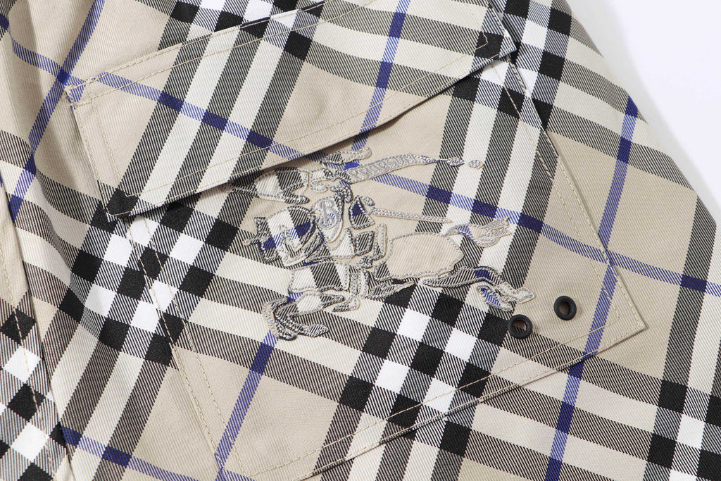 Burberry check plaid shorts front with embroidered horse emblem and button tab