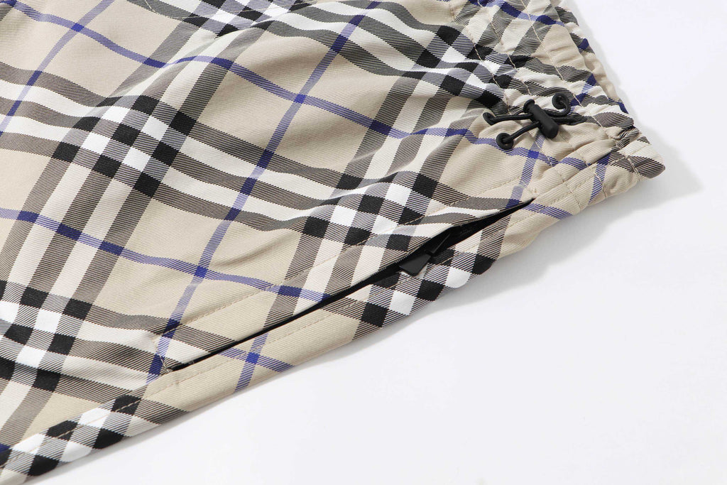 Burberry check plaid shorts with ruched hem and black drawstring cord