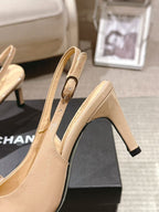Women’s beige patent slingback pumps, pointed toe, slim stiletto heel