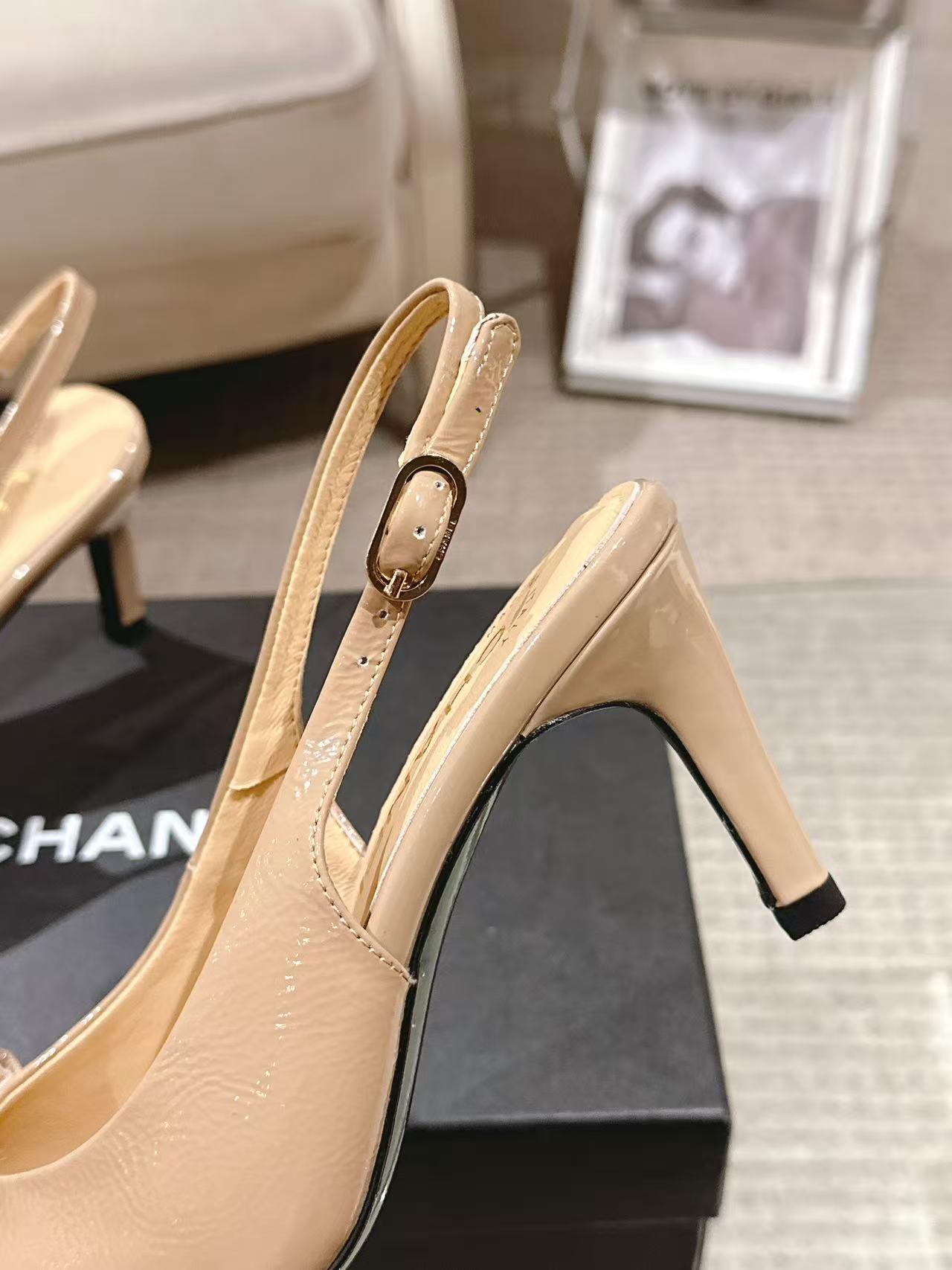 Women’s beige patent slingback pumps, pointed toe, slim stiletto heel