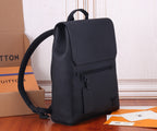 Men’s Louis Vuitton leather backpack with side flap, adjustable shoulder straps, black.