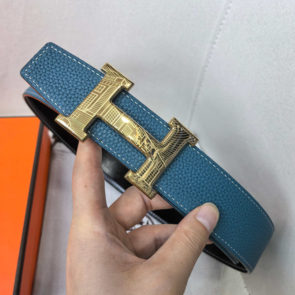 Hermes blue leather belt with gold-tone H buckle and matching blue strap