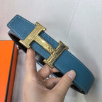 Hermes blue leather belt with gold-tone H buckle and matching blue strap