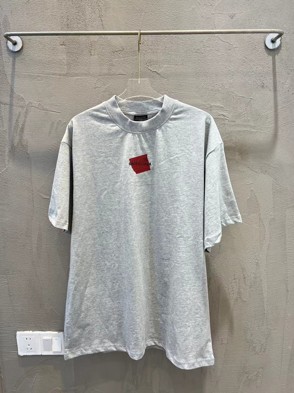 Balenciaga logo T-shirt, light gray crewneck with small red chest label