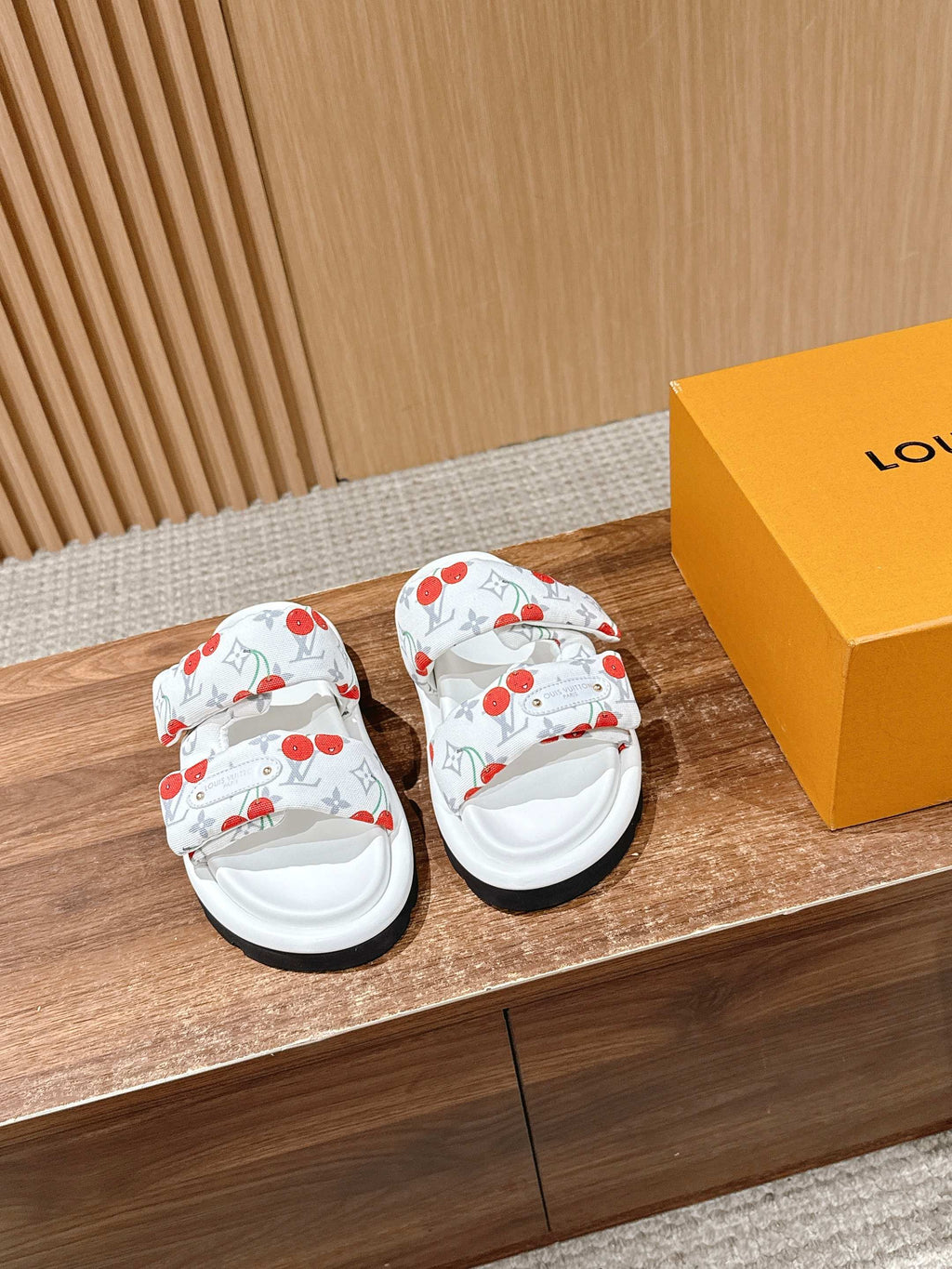 Louis Vuitton slide sandals, white with red cherry print and logo strap