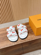 Louis Vuitton slide sandals, white with red cherry print and logo strap
