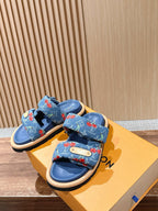 Louis Vuitton denim sandals with double straps, blue and red cherry print