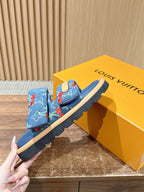 Louis Vuitton denim sandals with printed straps, blue and red cherry design