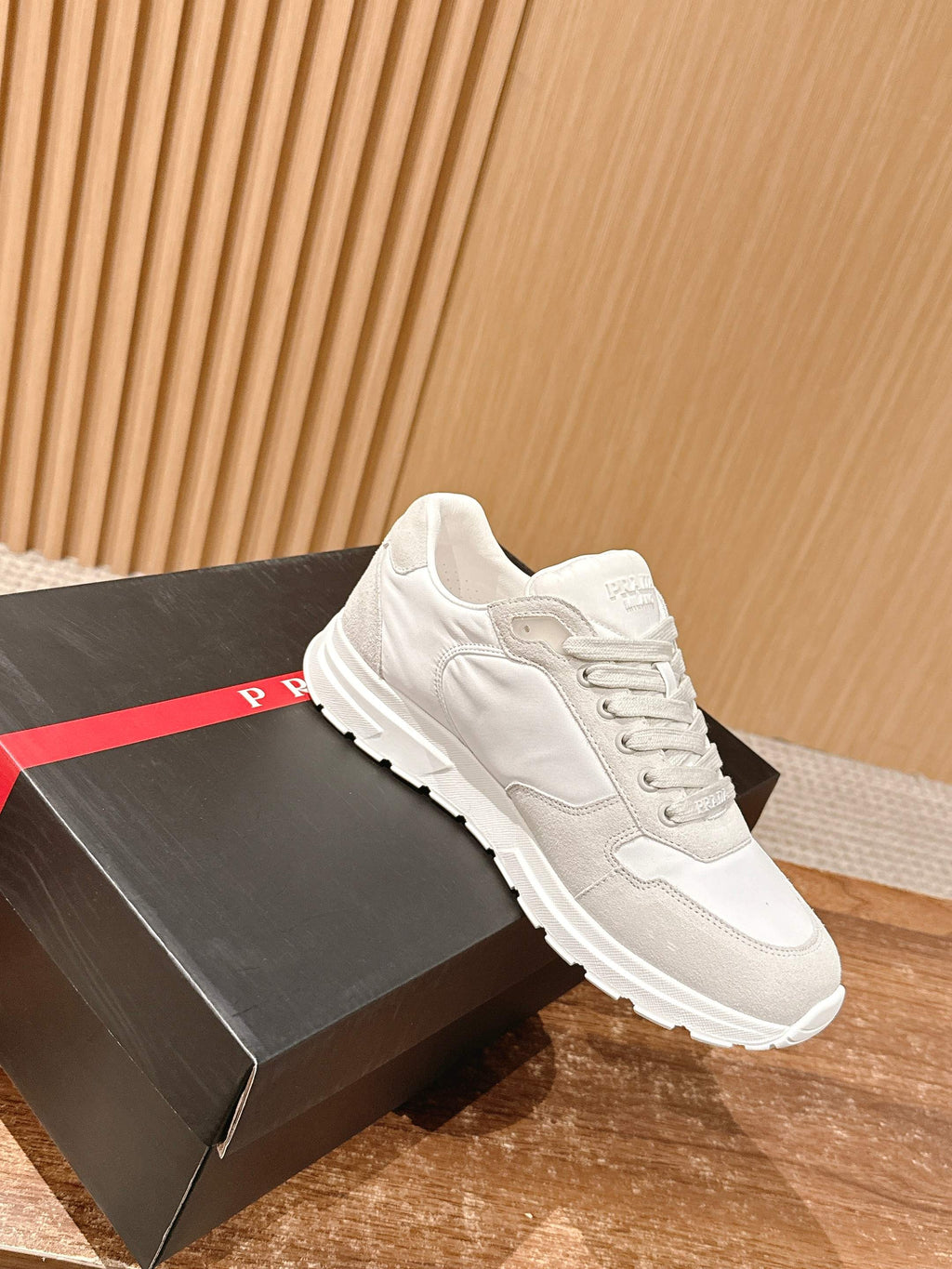 Prada unisex white lace-up sneakers, padded collar and chunky sole