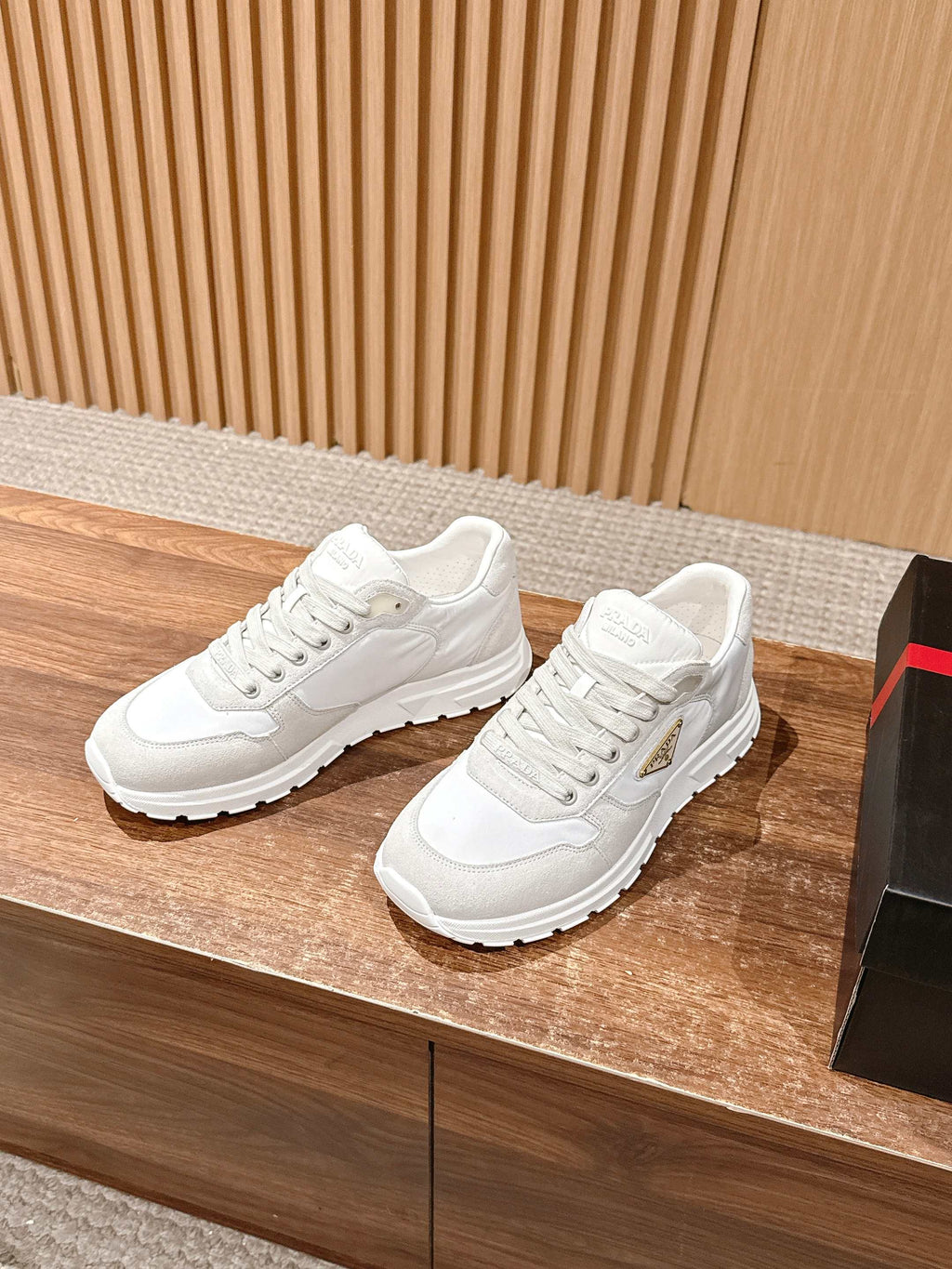Prada unisex white sneakers, lace-up with side logo triangle