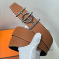 Hermes leather belt with tan/brown strap and silver buckle, stitched edges
