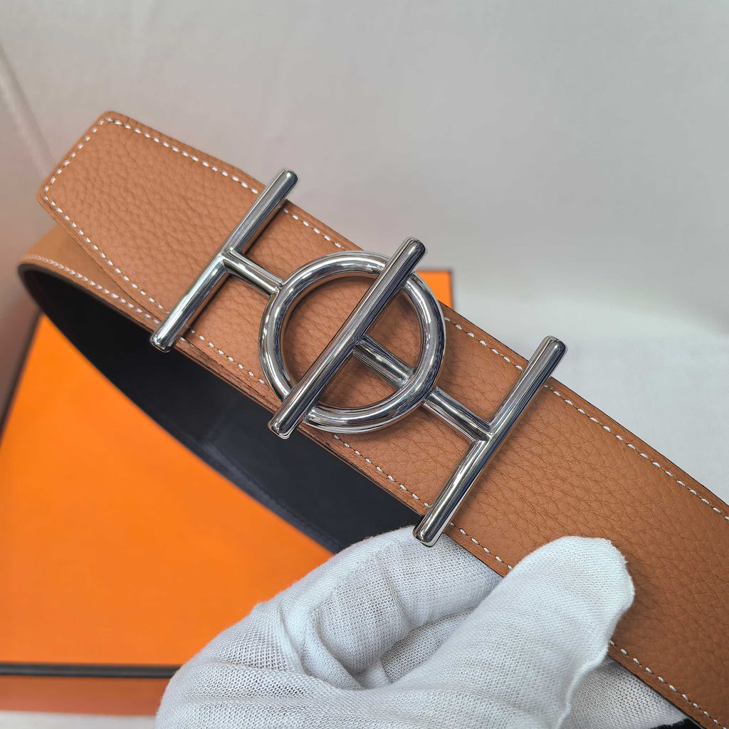 Leather belt tan/brown leather with silver buckle and rectangular keeper tab