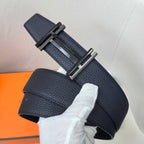 Navy leather belt with silver-tone rectangular buckle and keeper