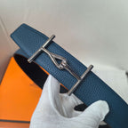 Hermes blue leather belt with silver buckle and full strap texture view