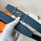 Hermes blue leather belt with silver buckle and punched adjustment holes