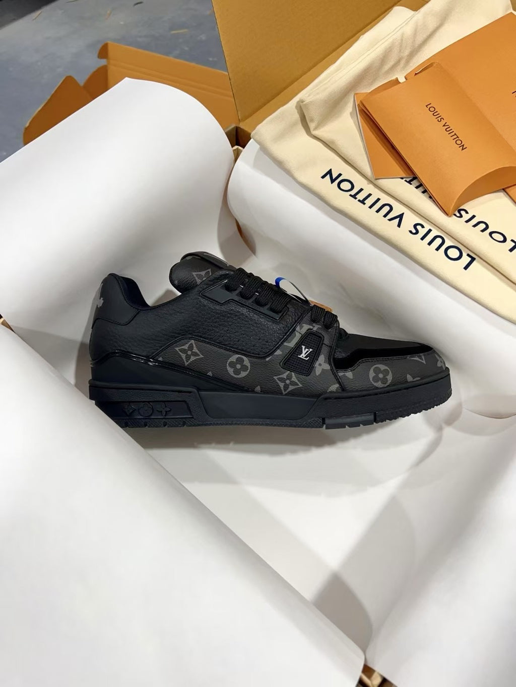 Louis Vuitton black lace-up sneakers with side LV logo