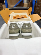 Louis Vuitton trainer shoes, back view, olive heel with LV logo, white rubber sole