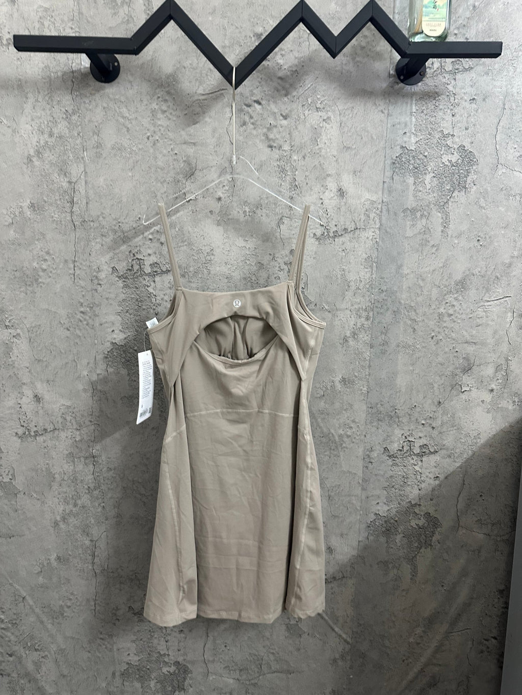 Ralph Lauren sleeveless beige dress with gathered bodice and thin shoulder straps, front