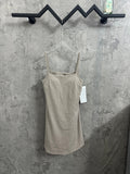 Ralph Lauren sleeveless beige dress with thin straps and straight skirt, front view