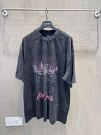Charcoal graphic T-shirt with skyline print and cursive text on the front