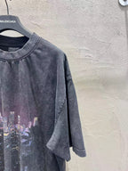 Balenciaga T-shirt side view, dark charcoal wash with skyline front graphic